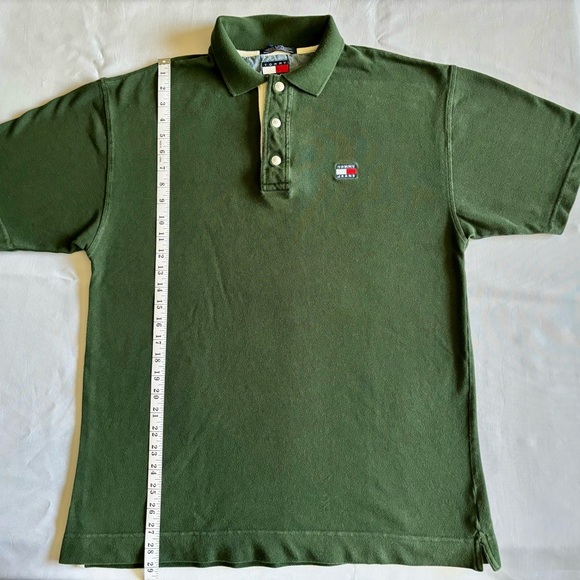 VINTAGE Tommy Jeans Hilfiger Green Polo Shirt Men’s Large Snap Button Flag Logo - Picture 5 of 7